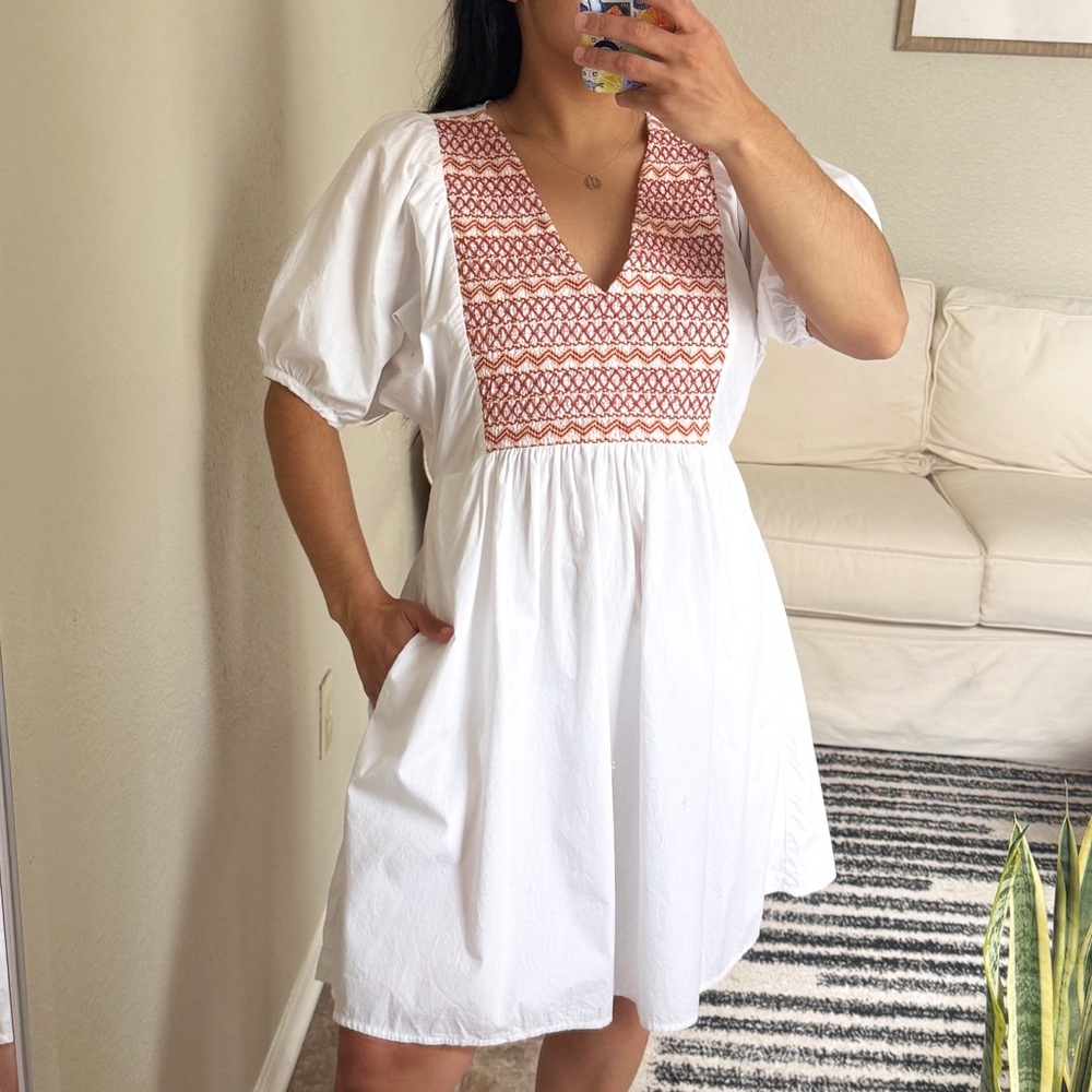 Madewell White Puff Sleeve Dress with Embroidery